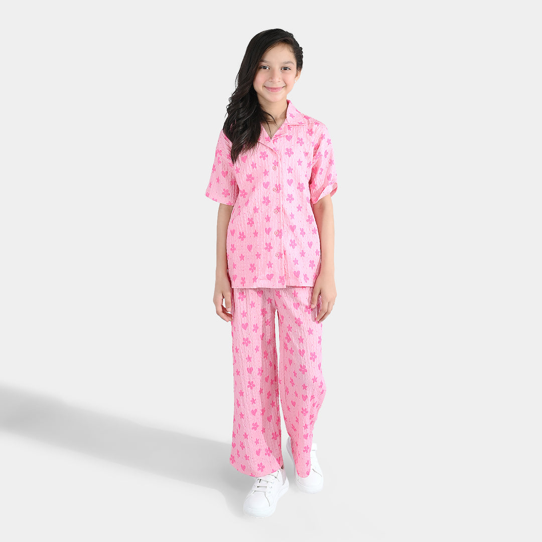Girls Poly Crinkle 2-Piece Suit Flowers & Hearts - Pink
