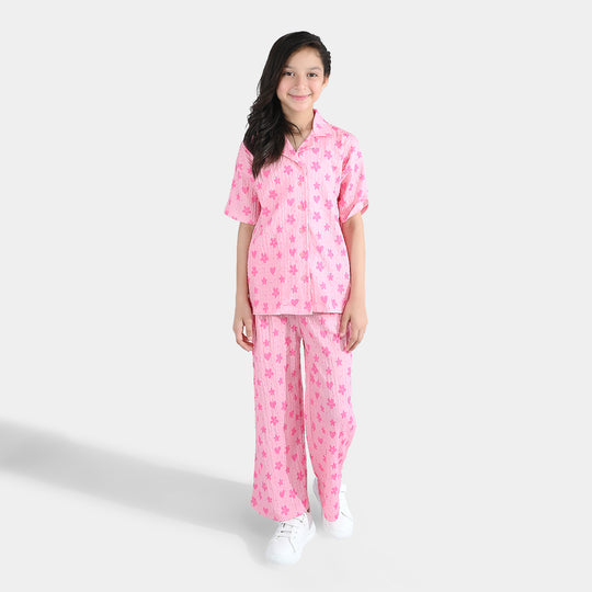 Girls Poly Crinkle 2-Piece Suit Flowers & Hearts - Pink