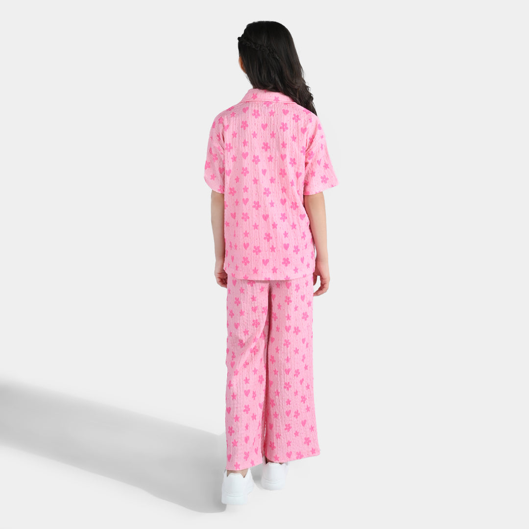 Girls Poly Crinkle 2-Piece Suit Flowers & Hearts - Pink