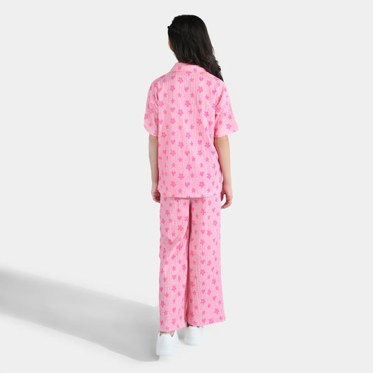 Girls Poly Crinkle 2-Piece Suit Flowers & Hearts - Pink