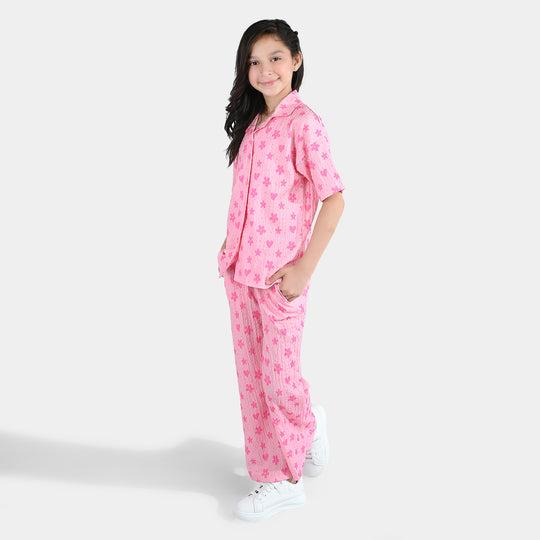 Girls Poly Crinkle 2-Piece Suit Flowers & Hearts - Pink