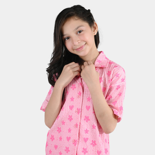 Girls Poly Crinkle 2-Piece Suit Flowers & Hearts - Pink