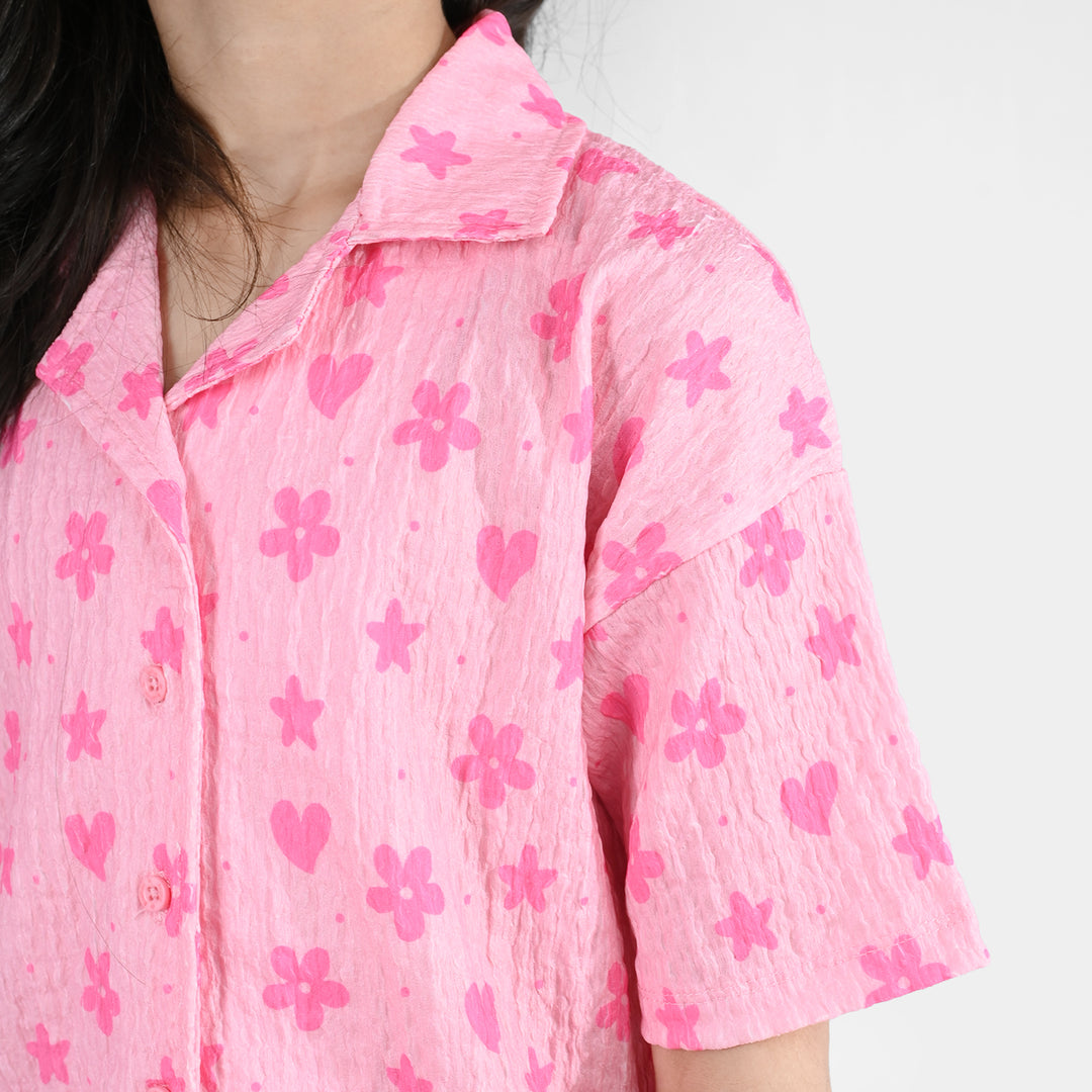 Girls Poly Crinkle 2-Piece Suit Flowers & Hearts - Pink