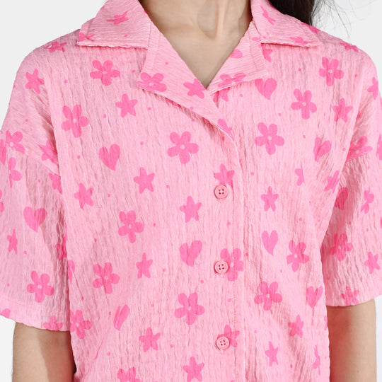 Girls Poly Crinkle 2-Piece Suit Flowers & Hearts - Pink