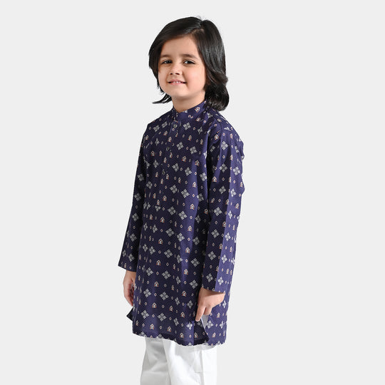 Boys Cotton Printed Kurta (Tribal Motif)-Blue