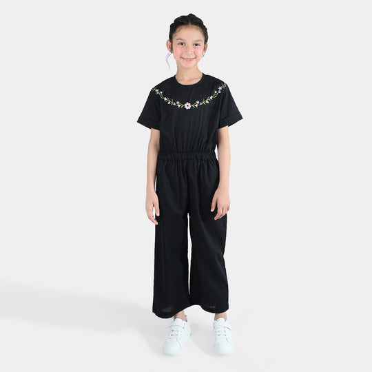 Girls Cotton Emb Jumpsuit Beauty-BLACK