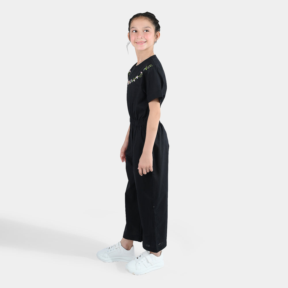 Girls Cotton Emb Jumpsuit Beauty-BLACK