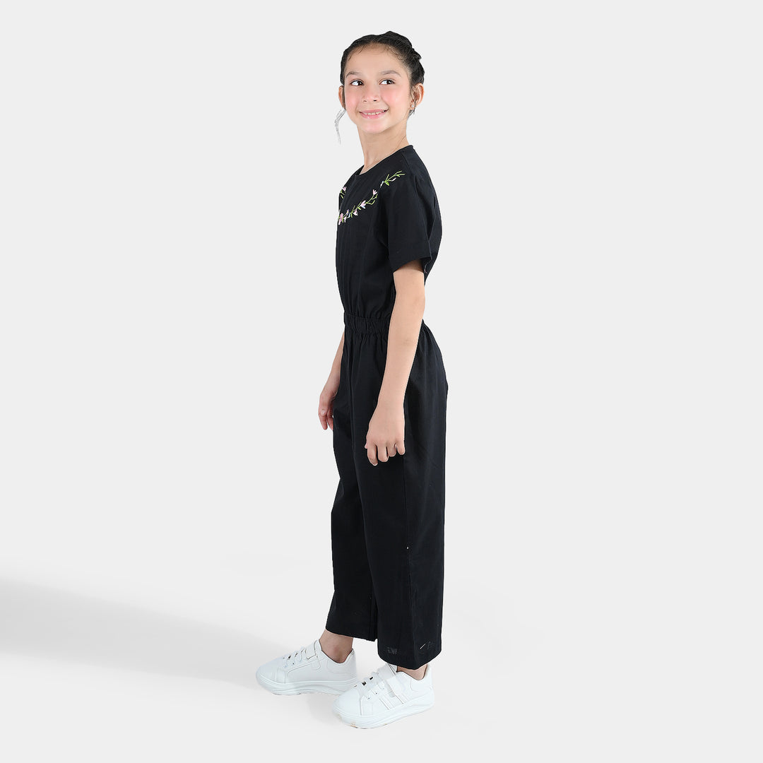 Girls Cotton Emb Jumpsuit Beauty-BLACK