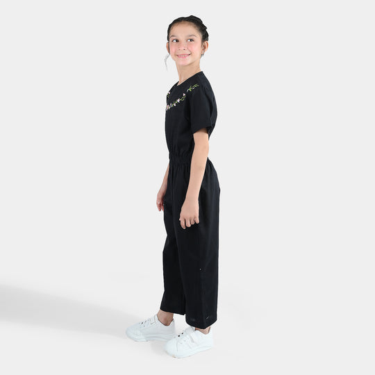 Girls Cotton Emb Jumpsuit Beauty-BLACK