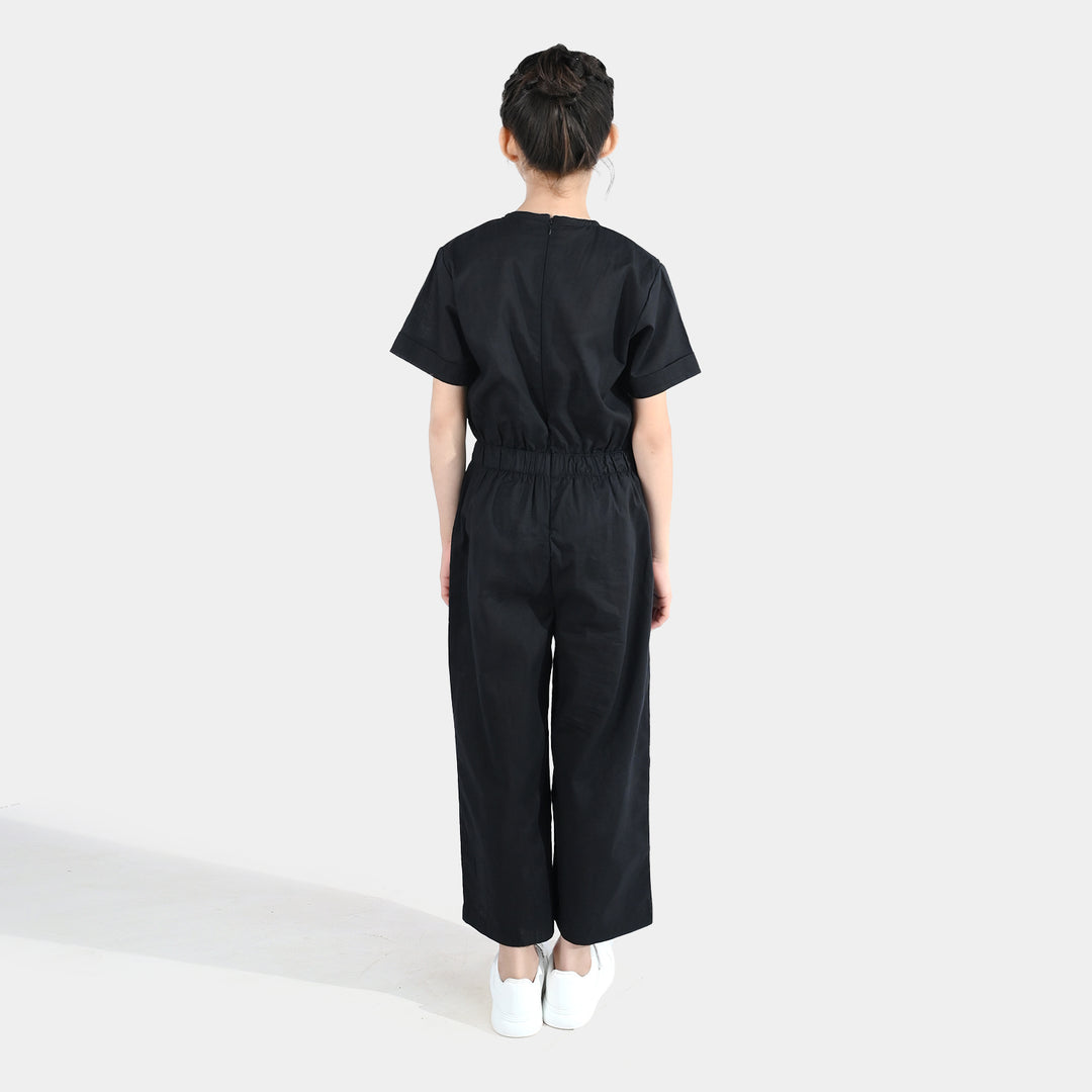 Girls Cotton Emb Jumpsuit Beauty-BLACK