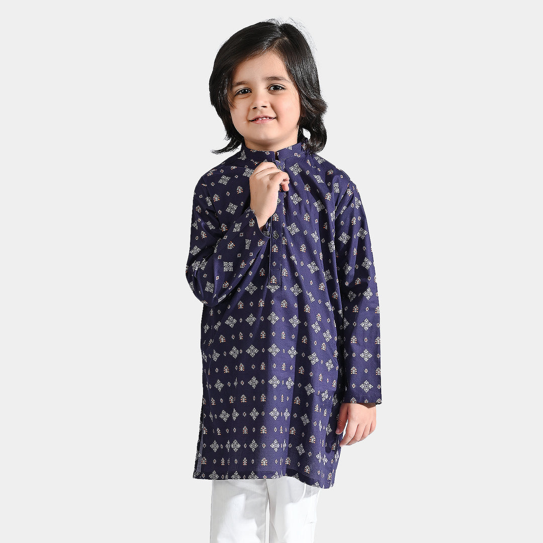 Boys Cotton Printed Kurta (Tribal Motif)-Blue