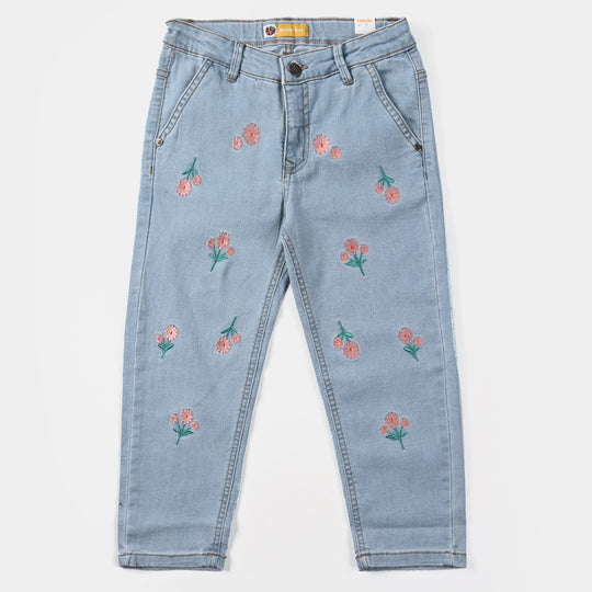 Girls Denim Pant Floral EMB-Ice Blue