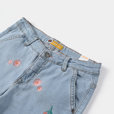 Girls Denim Pant Floral EMB-Ice Blue