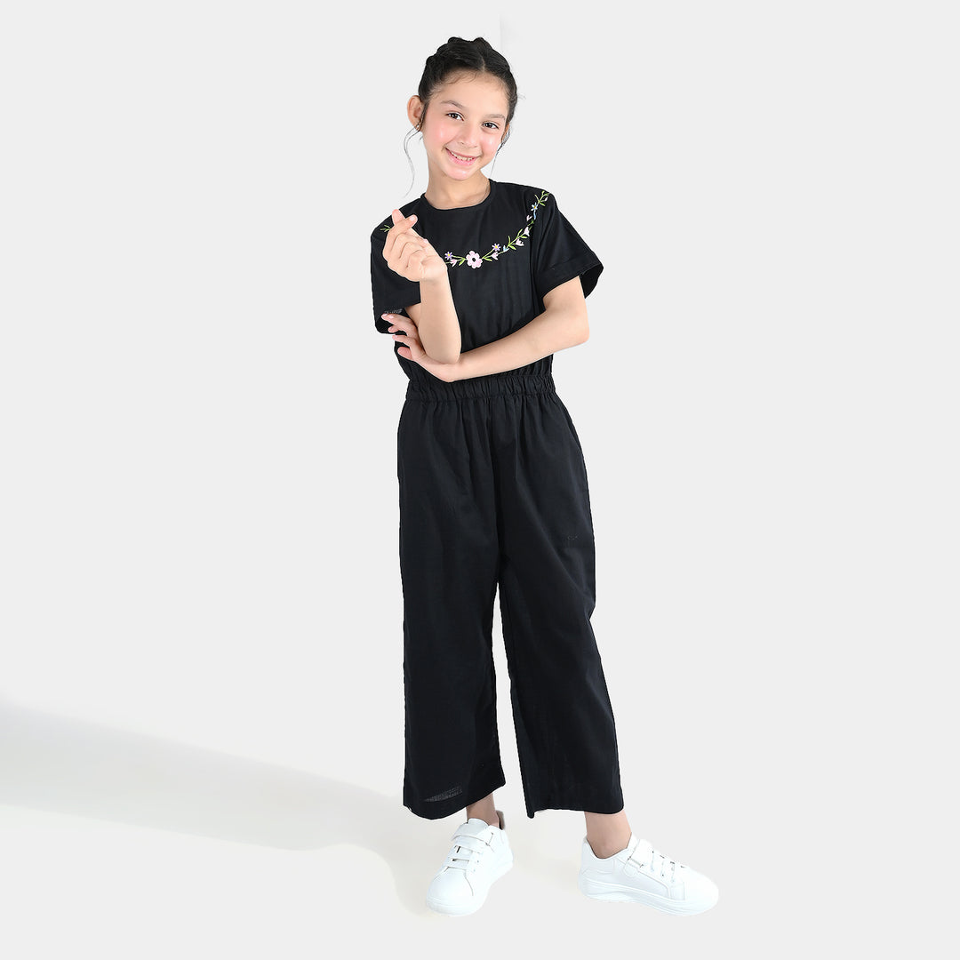 Girls Cotton Emb Jumpsuit Beauty-BLACK