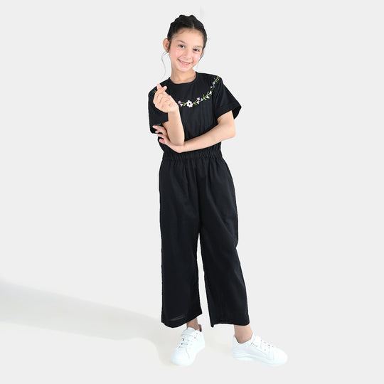 Girls Cotton Emb Jumpsuit Beauty-BLACK