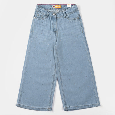 Girls Denim Pant Basic Studs-Ice Blue