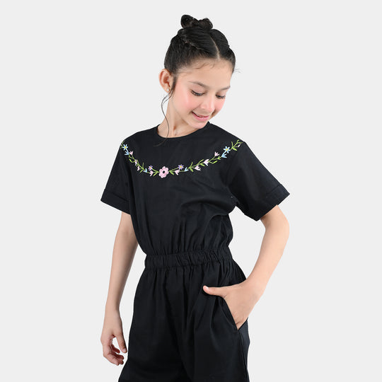 Girls Cotton Emb Jumpsuit Beauty-BLACK