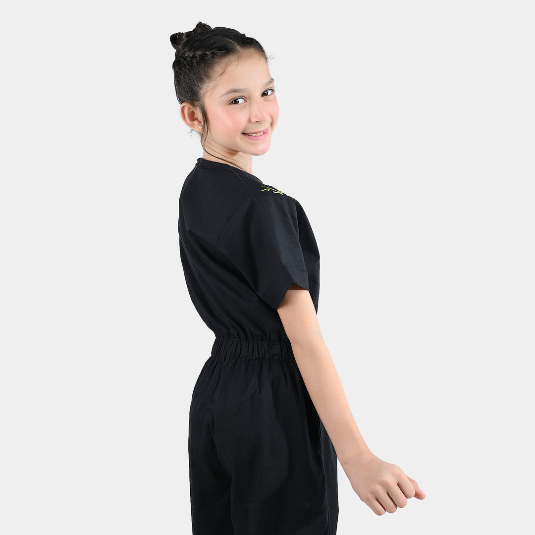 Girls Cotton Emb Jumpsuit Beauty-BLACK
