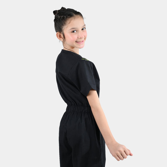 Girls Cotton Emb Jumpsuit Beauty-BLACK