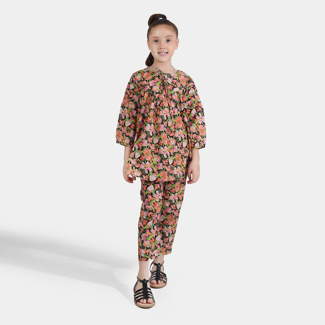 Girls Cotton Poplin Printed 2Pcs Black Beauty-Multi