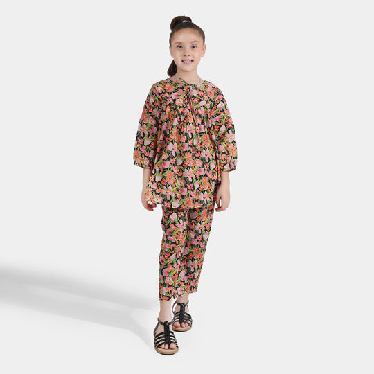 Girls Cotton Poplin Printed 2Pcs Black Beauty-Multi