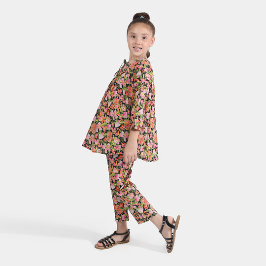Girls Cotton Poplin Printed 2Pcs Black Beauty-Multi