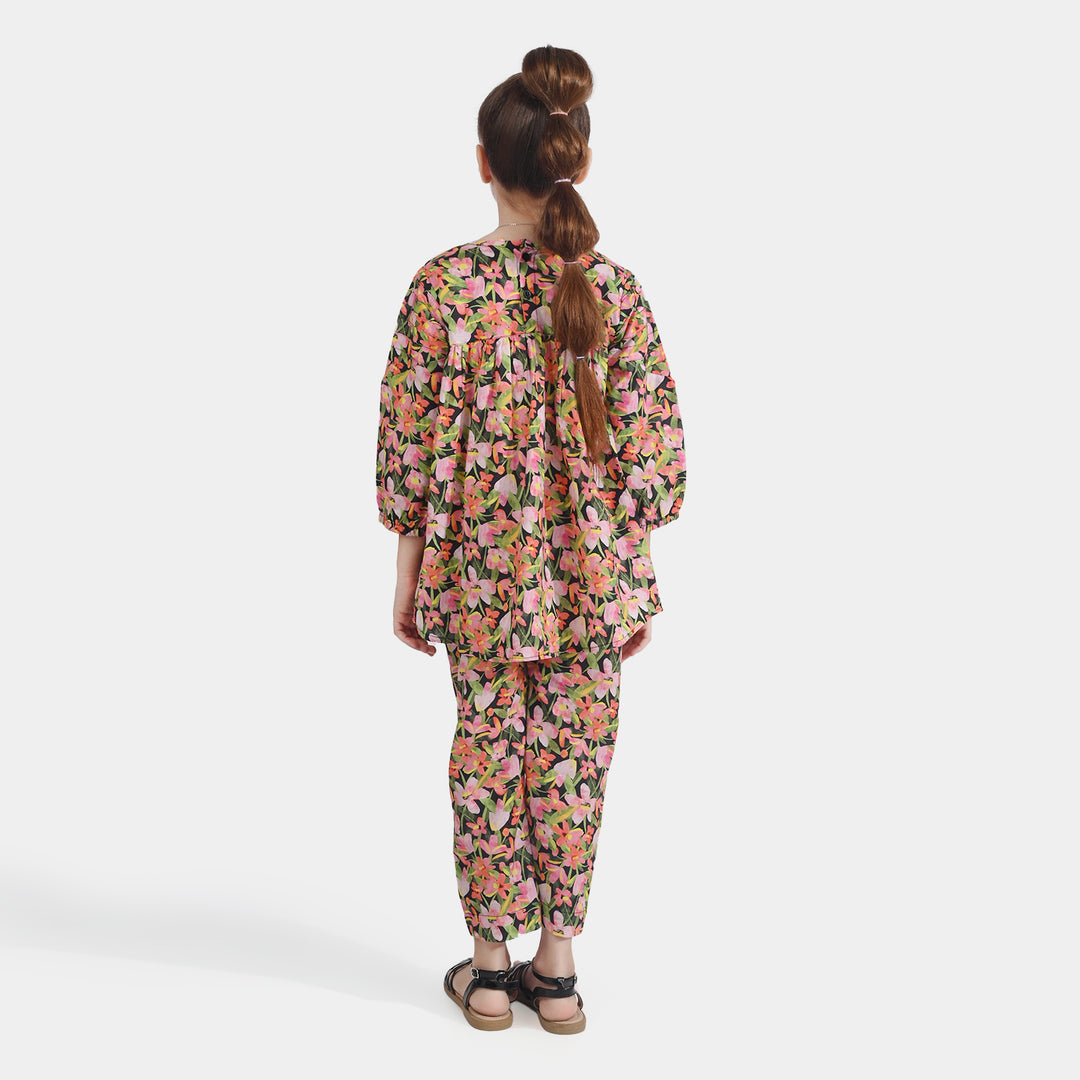 Girls Cotton Poplin Printed 2Pcs Black Beauty-Multi