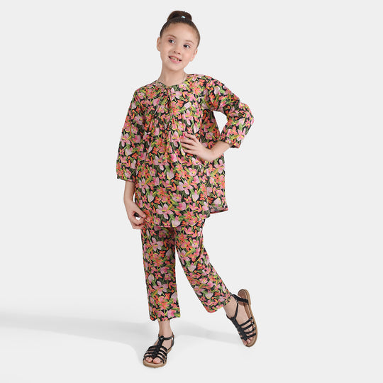 Girls Cotton Poplin Printed 2Pcs Black Beauty-Multi