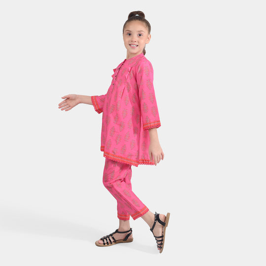 Girls Poly Cambric Printed 2 Pcs Bliss-Pink