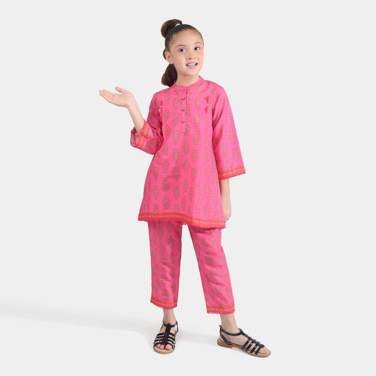 Girls Poly Cambric Printed 2 Pcs Bliss-Pink