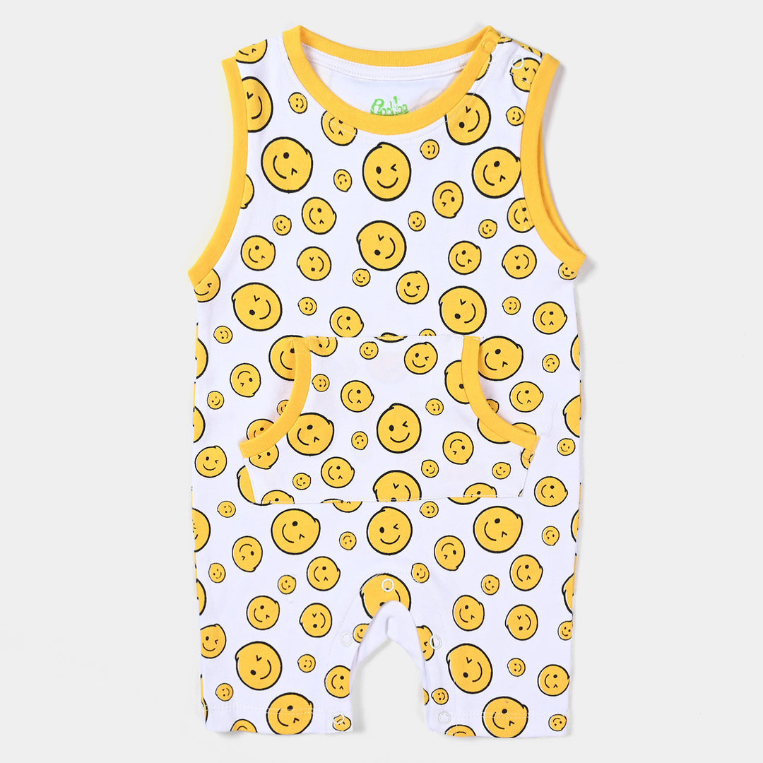 Infant Boys Cotton Interlock Knitted Romper Smiley-White