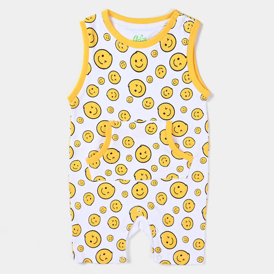 Infant Boys Cotton Interlock Knitted Romper Smiley-White