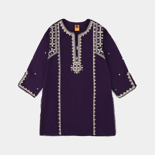 Girls Cotton Slub Embroidered Kurti (Sajal) - Purple