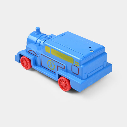Blue Musical Train Toy with Lights and Red Wheels