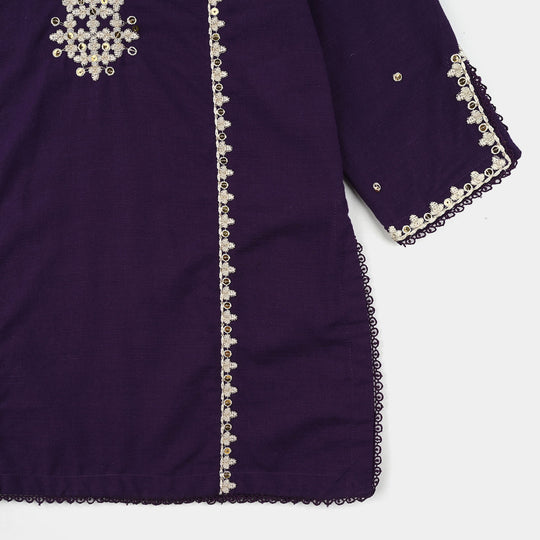 Girls Cotton Slub Embroidered Kurti (Sajal) - Purple