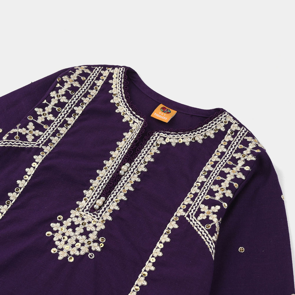 Girls Cotton Slub Embroidered Kurti (Sajal) - Purple