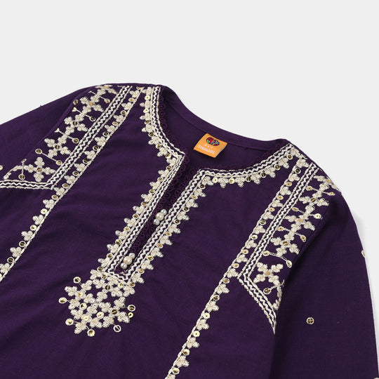Girls Cotton Slub Embroidered Kurti (Sajal) - Purple