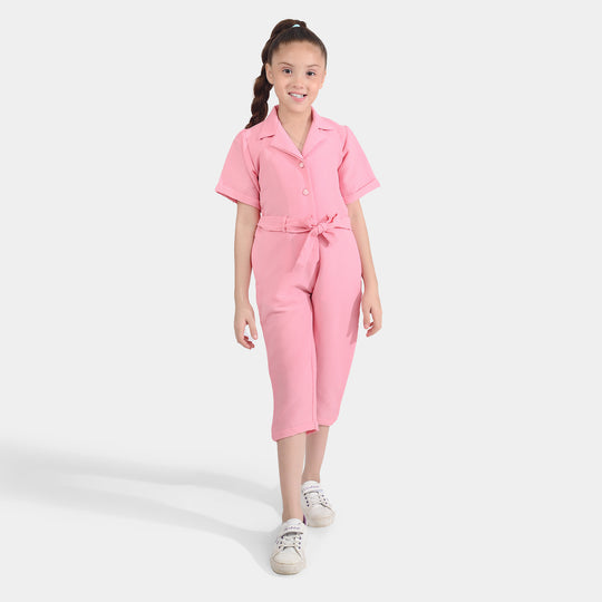 Girls Viscose Jumpsuit Resort Collar-Pink