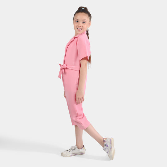 Girls Viscose Jumpsuit Resort Collar-Pink