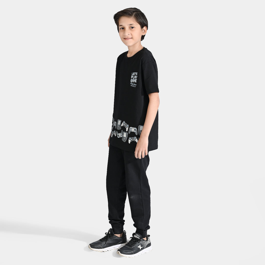 Boys Jersey/Terry 2 Piece Suit Lets Play Game-Jet Black