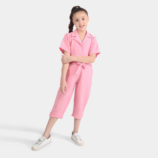 Girls Viscose Jumpsuit Resort Collar-Pink
