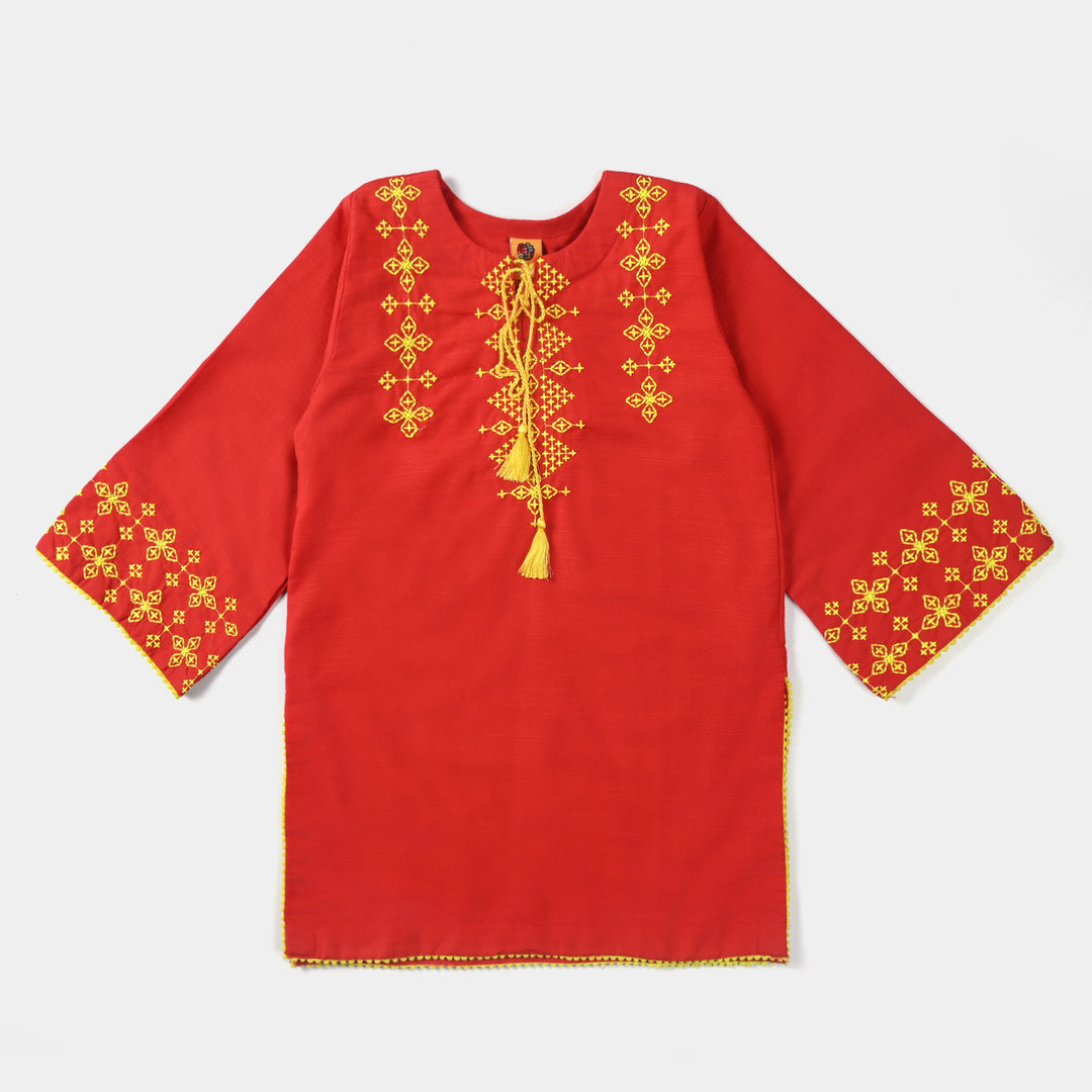 Girls Cotton Slub Embroidered Kurti Noori-Red