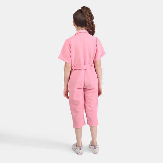 Girls Viscose Jumpsuit Resort Collar-Pink