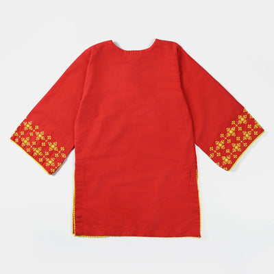 Girls Cotton Slub Embroidered Kurti Noori-Red