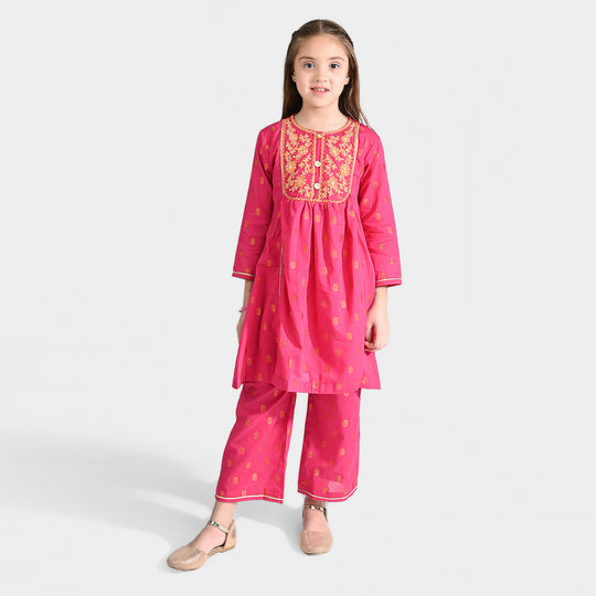 Girls Jacquard Emb 2 Pcs Rumi-Pink