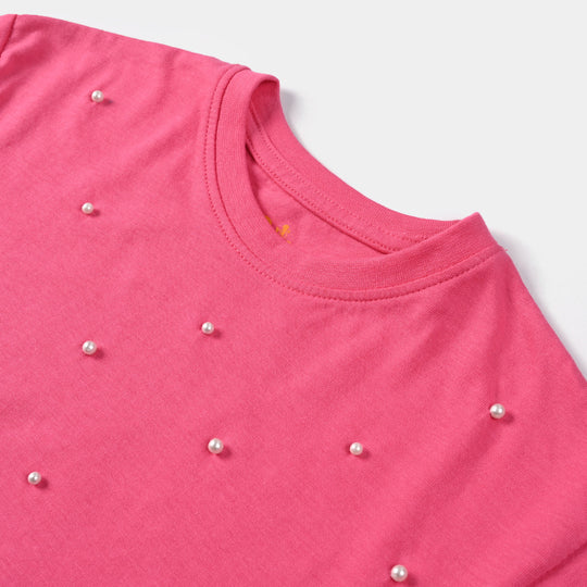 Girls Cotton Jersey T-Shirt H/S Pearls-Hot Pink