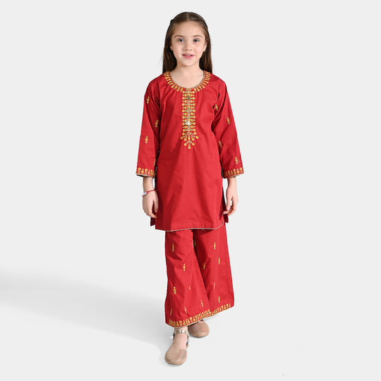 Girls Cotton Poplin EMB 2 Pcs Meenah-Red