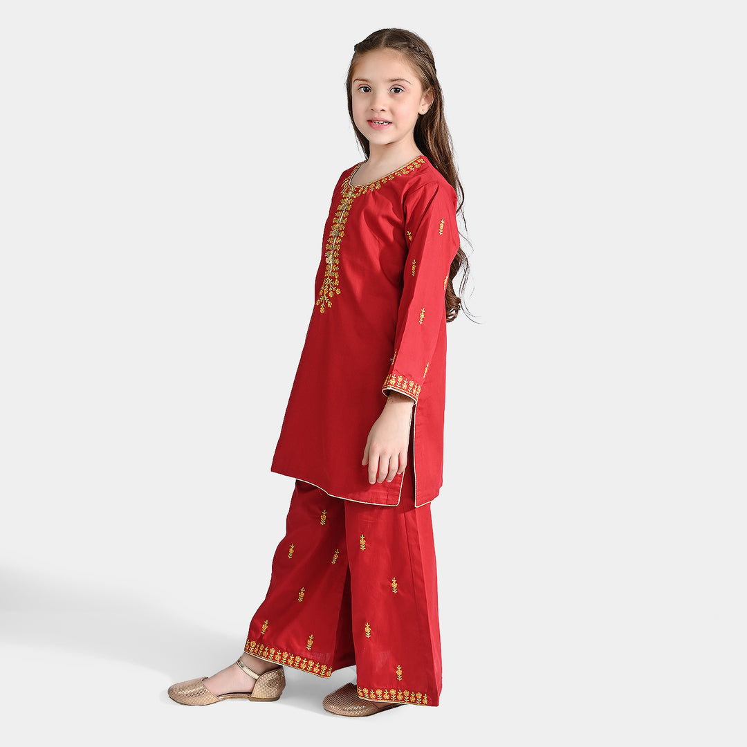 Girls Cotton Poplin EMB 2 Pcs Meenah-Red