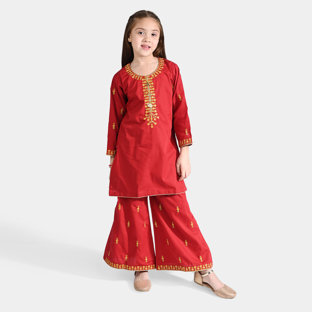 Girls Cotton Poplin EMB 2 Pcs Meenah-Red