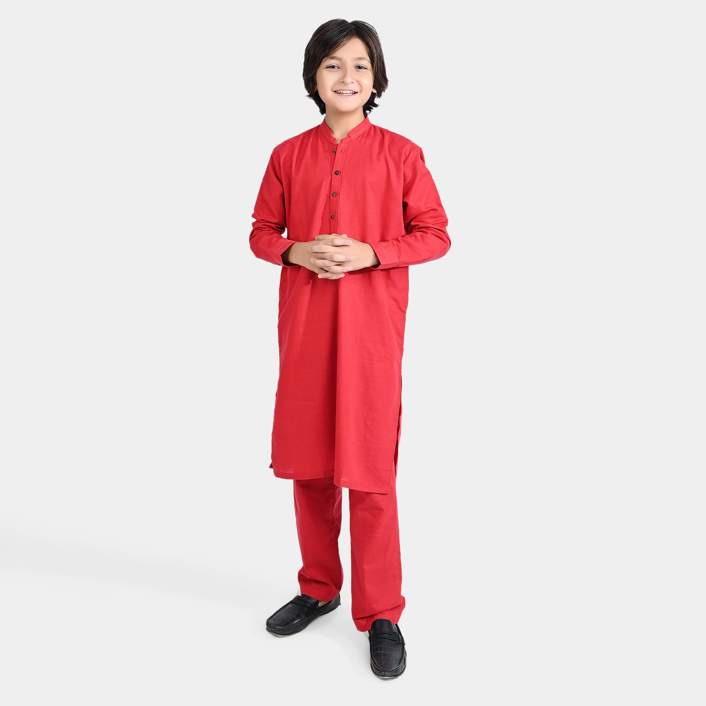 Boys Cotton Slub Shalwar Suit (Cuff Styling)-Reddish